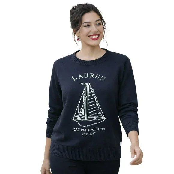 Lauren Ralph Lauren Cotton Knit Sweater Embroidered Sailboat Design Womens Large - Picture 2 of 10